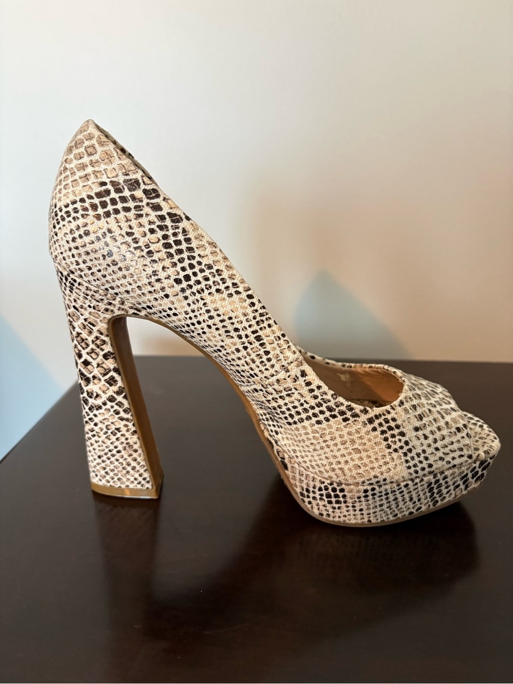 Fergie Snake-Print Peep Toe Platform Pumps - Beige/Black